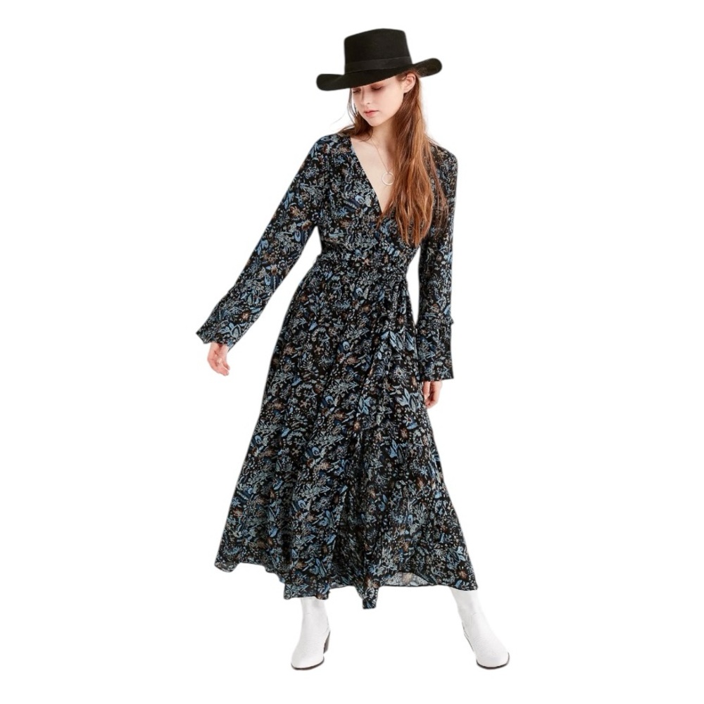 Urban Outfitters Emma Grace Maxi Wrap Dress Medium Navy Floral Romantic Hippie